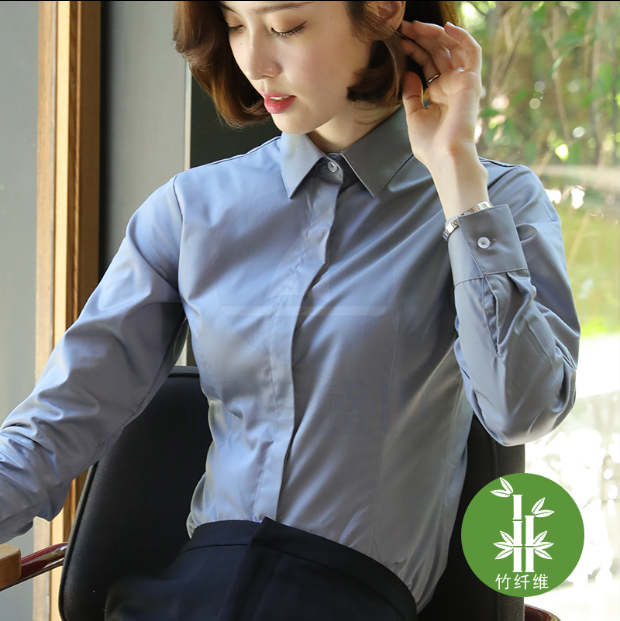 弹力竹纤维白衬衫女长袖职业正装韩版修身百搭工作服上班衬衣 货号：JC