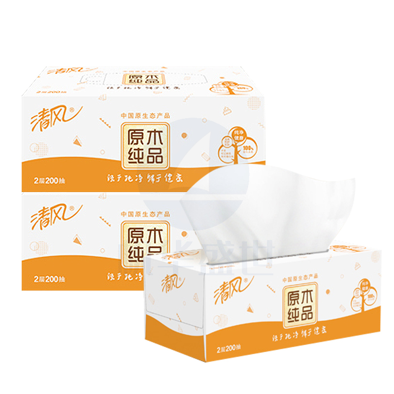 清风(APP)原木纯品盒装面巾纸双层 200抽/盒 3盒/提(新老包装随机发货)