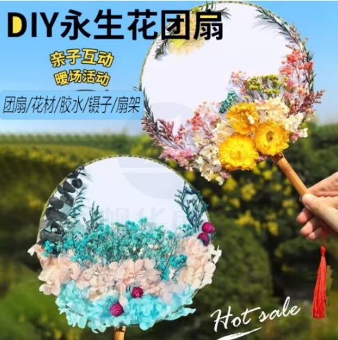 三八节手工干花团扇 中国风diy材料包沙龙手工制作永生花古风扇子 仓配款式随机