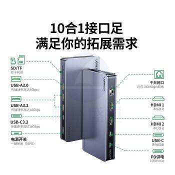 绿联(UGREEN)Type-C3.2桌面扩展坞Macbook三屏异显SiliconMotion雷电4拓展坞双HDMI多屏扩展10G转换支持M1/2/3
